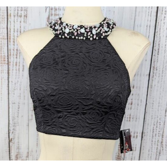 Teeze Me Juniors' Black Jacquard Embellished Crop Top Size 3‎ - Picture 1 of 5